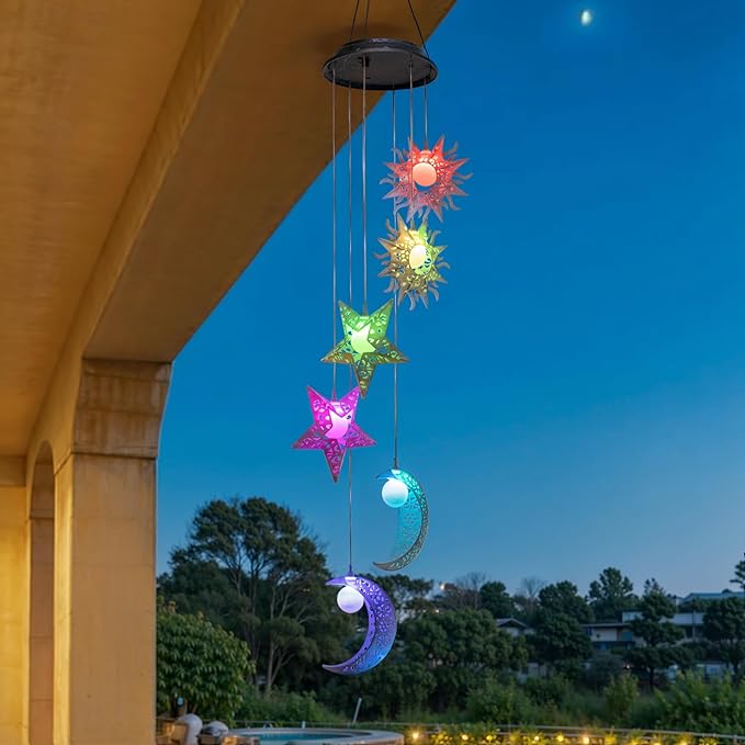 Tryme Solar Wind Chimes with Sun Moon Star Color Changing Windchimes, Outdoor Hanging Lights, Garden Decor Gifts for Mom, Grandma, Wife, Neighbors
