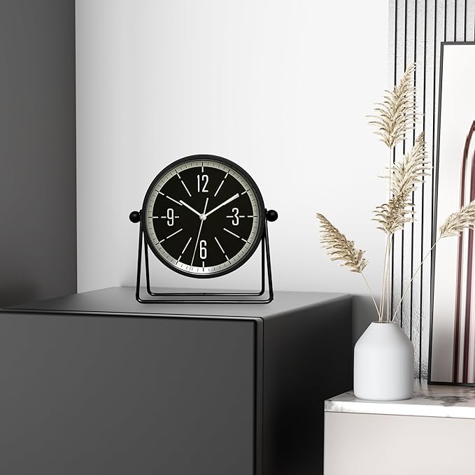 QIYAODECO® Vintage Metal Desk Clock for Bedroom, with Adjustable Angle Ticking Small Battery Operated Mantel Bedside Clock, Decorative Table Old Fashioned Style Black Decor Adult Kid Gift,Silver/Black