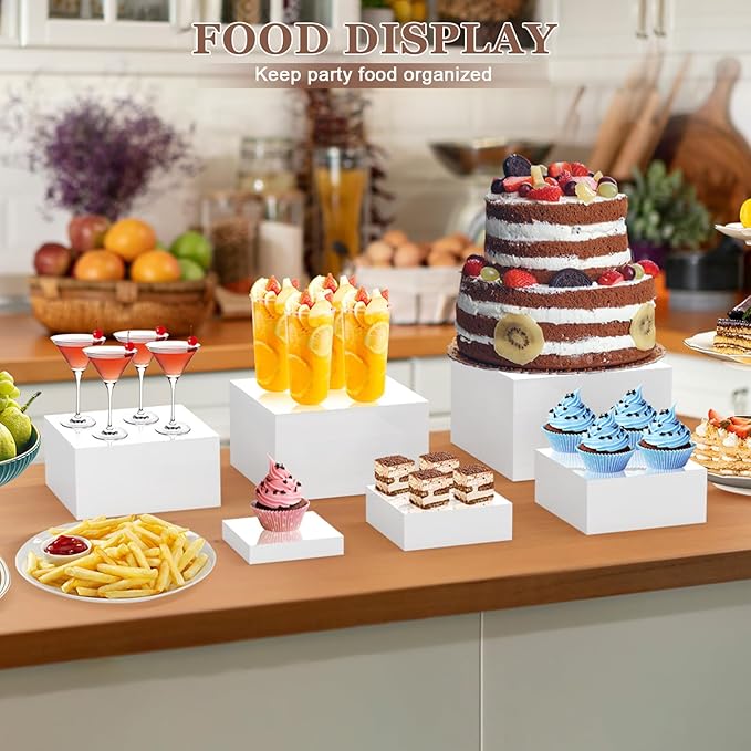 6Pcs White Buffet Risers Set (Size 5",6",7",8",9",10"),Food Risers for Buffet Table Display Stand Shelf for Party Catering Dessert Collectibles Acrylic Cube Boxes Display with Hollow Bottoms