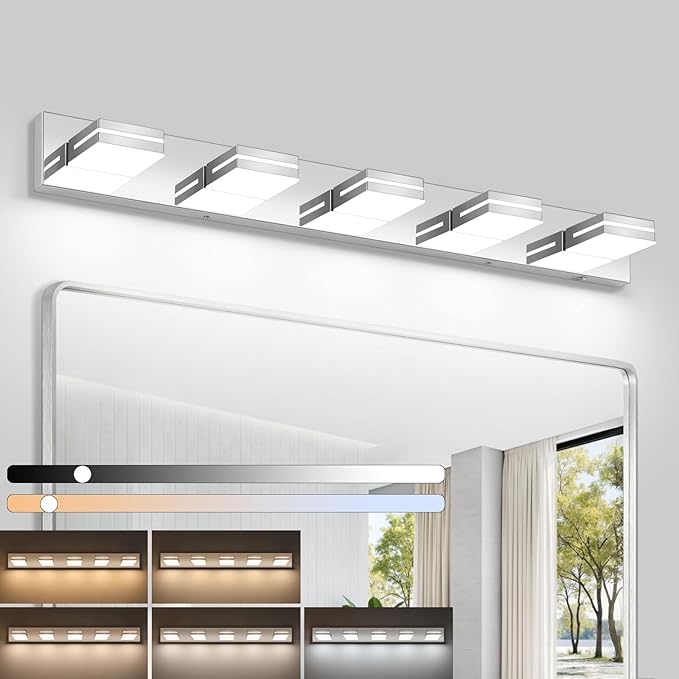 Bathroom Vanity Lighting Fixtures Over Mirror (5-Light, 40-Inch) Dimmable Modern LED Bathroom Wall Lighting Fixtures, Chrome(3000K/3500K/4000K/5000K/6000K)