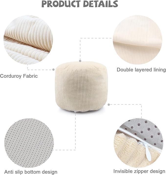 Sexysamba Round Corduroy Pouf Cover Only, 20"x 16" Unstuffed Decorative Ottoman Foot Stool Rest, Washable Storage Bean Bag Chair Floor Pouf Covers for Living Room Bedroom, Beige