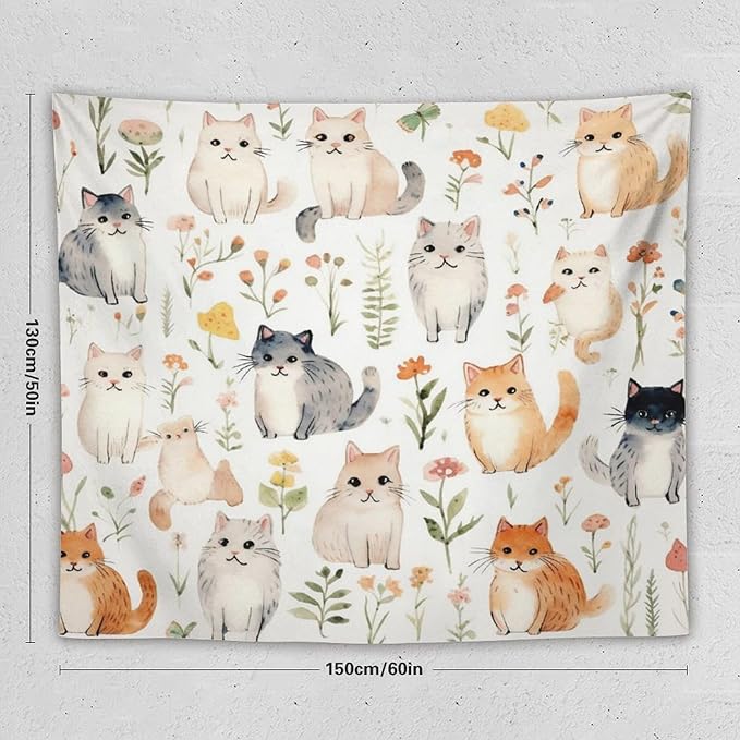 VUMIVI Cute Cat Tapestry Cartoon Pets Flowers Mushrooms Butterflies Watercolor Illustrations Tapestry Wall Hanging for Living Room Bedroom Dorm Classroom Aesthetic Decor W60xL50in