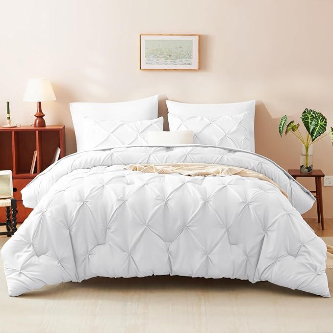 CozyLux Full Size Comforter Sets White, 7 Pieces Pintuck Bed in A Bag White Comforter Full Size, Pinch Pleat Bedding Sets with All Season Comforter, Sheets, Pillowcases & Shams