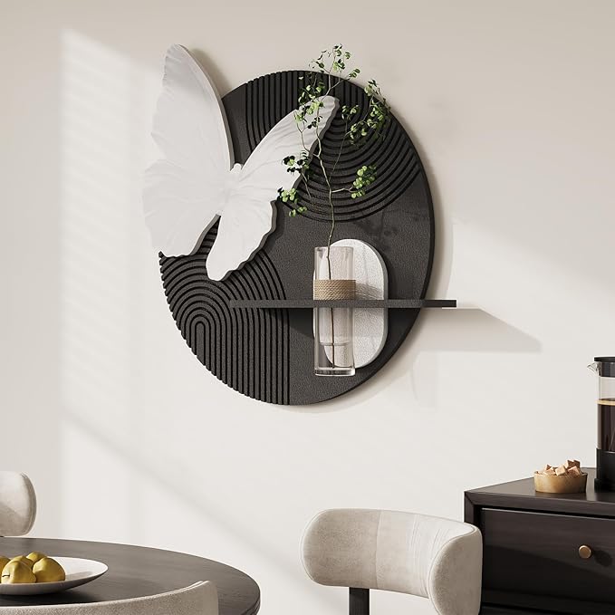 Troartos 3D Textured Black and White Wall Art for Living Room, Modern Minimalist Butterfly with Vase Artwork for Walls, Geometric Round Sandstone Wall Decor for Bedroom, Hallway, Dining Room, Office