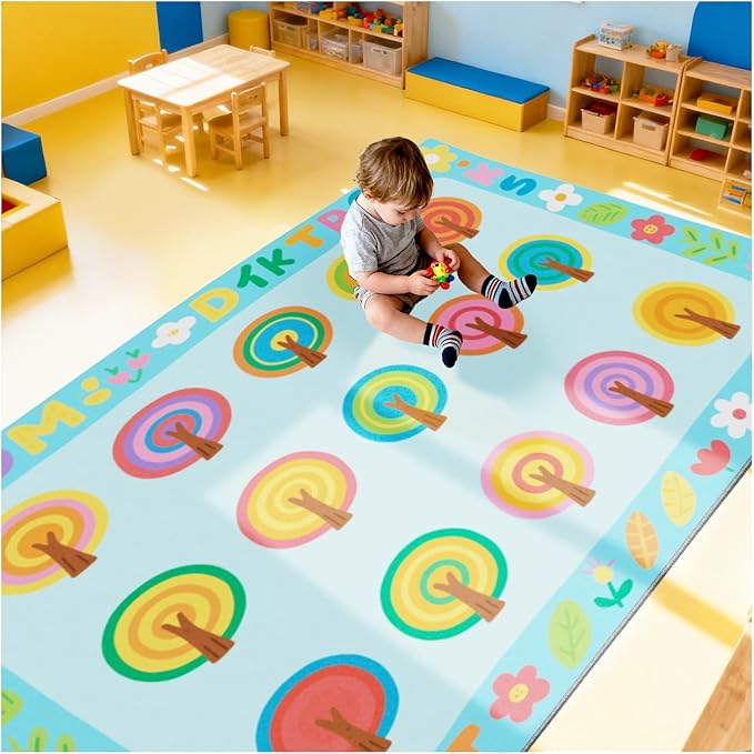 Large Classroom Carpet Rug, Educational Areas Rug Non-Slip Playmat Painted Small Tree Pattern, Washable Loop Pile Carpet for Playroom, Livingroom,Bedroom, Seats 30 7.6 x 13ft