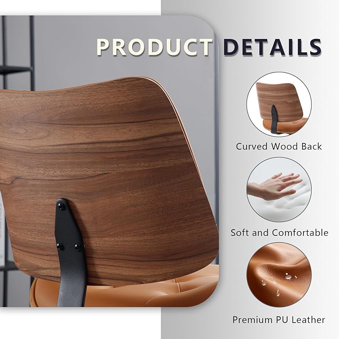 Armless Home Office Chair with Wheels, PU Leather Adjustable Height Computer Desk Chair, 360 Swivel Small No Arms Chair, Modern Button Walnut Style for Office, Reading Meeting Room(Brown)