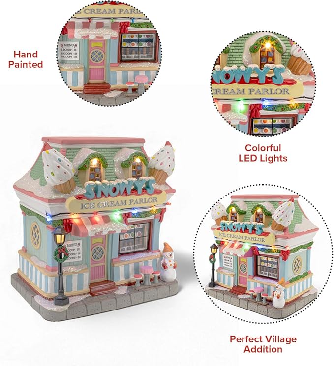 Snowy's Ice Cream Parlor Porcelain Christmas Village with LED Lights