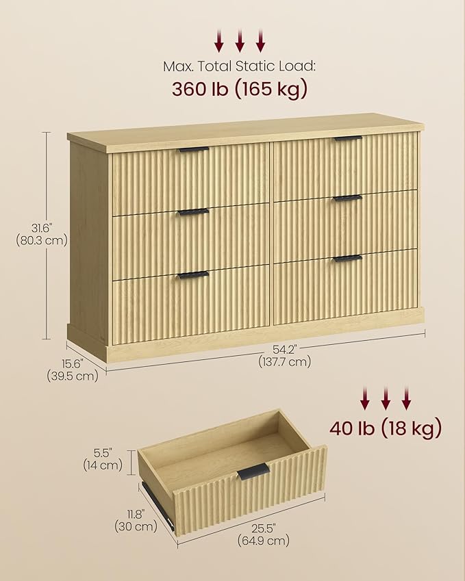VASAGLE MAXE Collection - 6-Drawer Double Dresser for Bedroom, 54.2-Inch Wide Chest of Drawers, Fluted Panels, Mid Century Modern Storage Dresser, TV Stand for Living Room, Oak Beige ULTS662YC01S