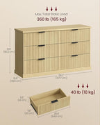 VASAGLE MAXE Collection - 6-Drawer Double Dresser for Bedroom, 54.2-Inch Wide Chest of Drawers, Fluted Panels, Mid Century Modern Storage Dresser, TV Stand for Living Room, Oak Beige ULTS662YC01S