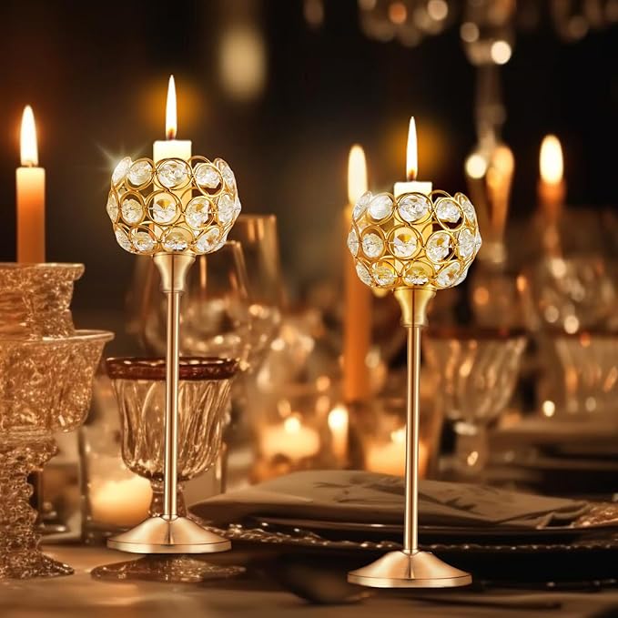 Crystal Metal Tealight Candlestick, Bling Bowl Candelabras, Tall Crystal Candle Holders Elegant Candle Centerpiece for Dining Table Wedding Home Mantel Decor(Golden, 2 Sets(6 Pcs))