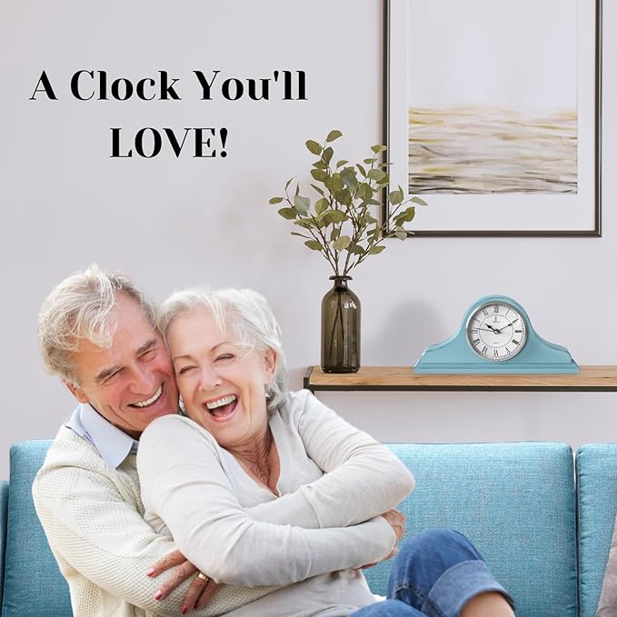 Mantel Clock Battery Operated - Wooden, Rustic Teal Mantle Clock for Living Room Decor Above Fireplace Mantel, Office, Shelf & Home Décor Gift 15x7.5 - Silent Wood Mantel Clock for Living Room Table