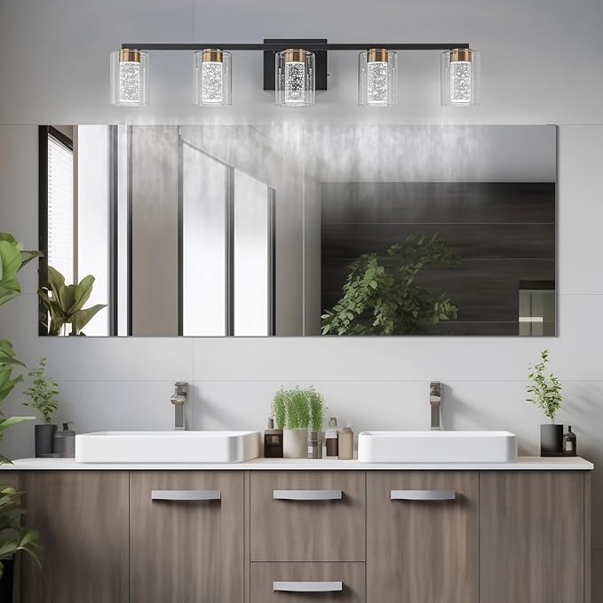 SineRise 5-Light Black and Gold Vanity Light with 3 Color Modes (3000K/4000K/6000K), Eye Protection LED Bathroom Light Fixture, Dimmable Modern Wall Light Over Mirror with Clear Glass Shade