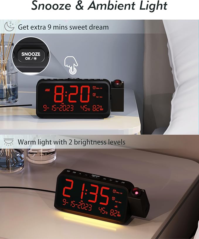 Roxicosly Projection Alarm Clock for Bedroom Ceiling, 118 dB Super Loud for Heavy Sleepers, 6.7" Large Digital Dimmable Display with Day Date Indoor Temp Humidity, Dual Alarms Adjustable Volume