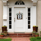 Ultra Large 14'' Last Name All Year Round Front Door Wreath with 26 Initial Letter Welcome Sign All Seasons Eucalyptus Garland and Bow Wreaths for Front Door Porch Farmhouse Decoration (B)