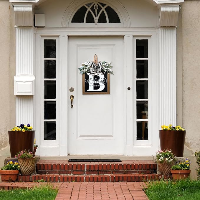 Ultra Large 14'' Last Name All Year Round Front Door Wreath with 26 Initial Letter Welcome Sign All Seasons Eucalyptus Garland and Bow Wreaths for Front Door Porch Farmhouse Decoration (B)