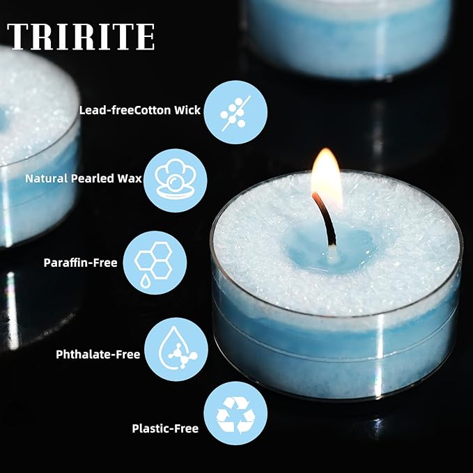 Unscented Plant Tealights Candles, 5 Hours Long Burning Blue Tea Lights Baby Shower Candle, Non-Paraffin, Smokeless, Mini Tealight Votive Candles for Wedding, Valentine's Day, Christmas, 12pcs