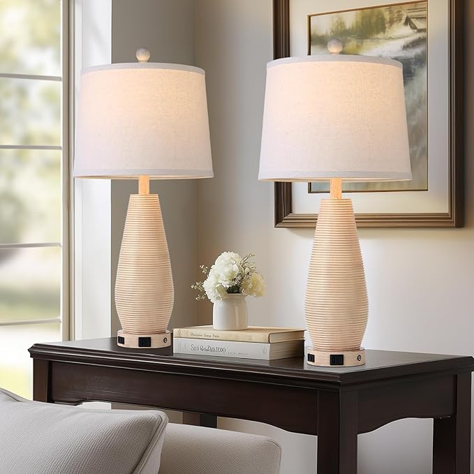 Farmhouse Table Lamps Set of 2 with USB C+A Ports and AC Outlet, 26.5" Cream Vintage Lamps for Bedroom Nightstand