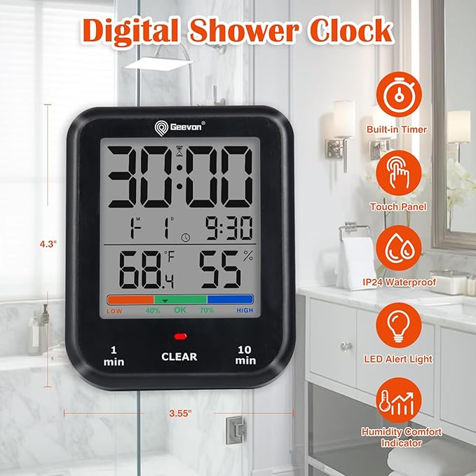 Geevon Digital Bathroom Clock, Waterproof Shower Timer with Large Touch Screen, Battery Operated Bathroom Wall Clock with Temperature & Humidity Display - Suction Cup/Hanging Hole/Stand (Black)