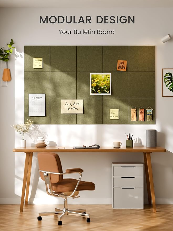 Bumusty Large Cork Board 36" x 24" Alternative - 6 Pack Felt Wall Tiles with 40 Safe Removable Adhesive Tabs, 30 Pushpins, Cork Boards for Walls Pin Board Bulletin Board Office Decor (Olive Green)