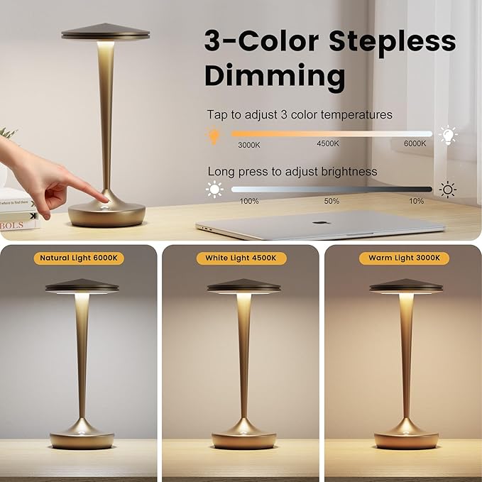 2 Pack Cordless Lamp Rechargeable LED Table Light,48Hrs Battery Operated Restaurant Table Lamp, Dimmable Potable Lamp with IP54 Waterproof for Dining,Outdoor Patio,Camping,Shower(2PBronze)