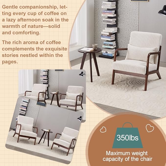 KEIKI Mid-Century Modern Upholstered Accent Chair with Matching Table, Chair and Table Set，Small Bedroom