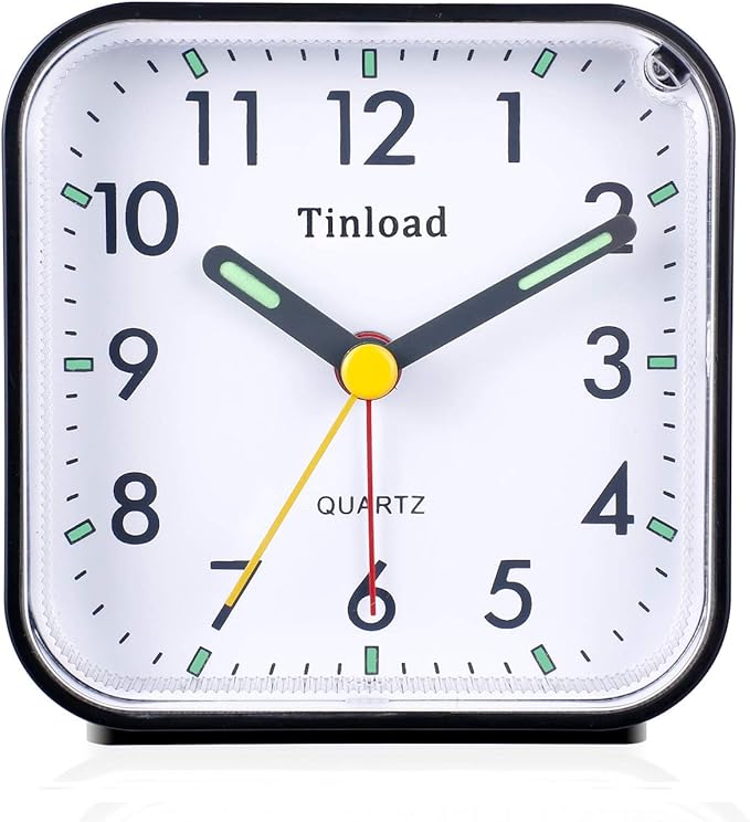 Small Battery Operated Analog Travel Alarm Clock Silent Non Ticking, Gentle Wake, Ascending Beep Sounds, Snooze,Lighted on Demand, Easy Set(Black)