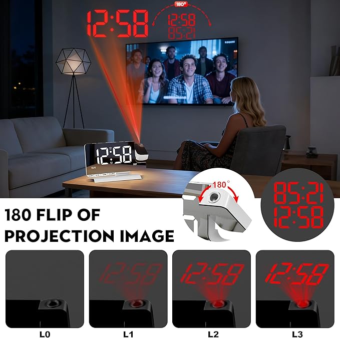 Amgico Projection Alarm Clock,Digital Clock with Projection,7.3" Mirror Clock with 180°Rotating Projector,Dual Alarm with 3 Mode,Bright Adjust,DST,Snooze,Charging Port,5 Levels Volume for Desk Teens