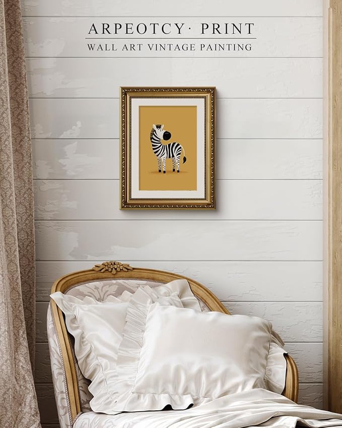 ARPEOTCY Gold Framed Canvas Wall Art, 11x14 Inch Cute Zebra Nursery Wall Decor for Kids Room, Cartoon Safari Animal Artwork for Baby Room, Playroom, Toddler Bedroom Decorations