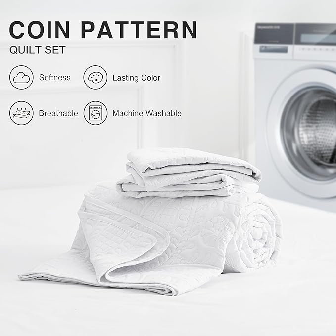 Love's cabin Oversized King Size Quilt Bedding Set White Bedspreads - Oversized King Lightweight Bedspread Comforter - Coin Pattern Coverlet for All Season - 3 Pieces (1 Quilt, 2 Pillow Shams)