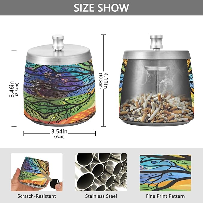 Mysterious Tree Colorful Ashtray with Lid, Outdoor Ashtrays for Patio, Stainless Steel Ashtray Odorless Smokeless for Home Office Balcony