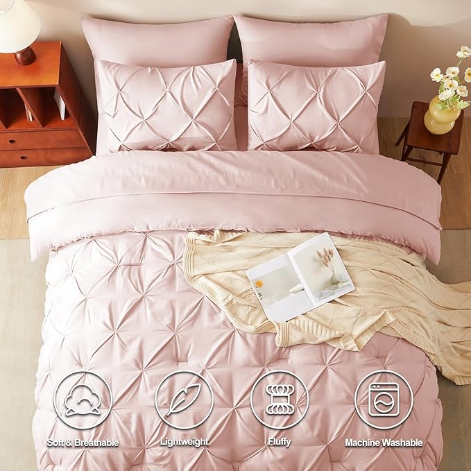 CozyLux Queen Comforter Set Blush Pink, 7 Pieces Pintuck Bed in A Bag, Premium Pink Comforter Queen Size, Pinch Pleat Bedding Sets with Comforter, Sheets, Pillowcases & Shams