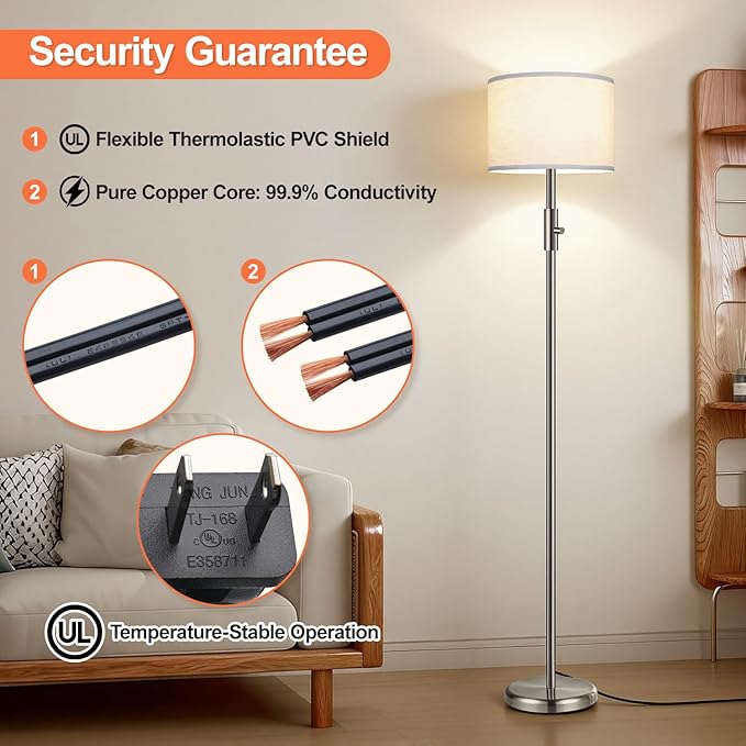 Floor Lamp Simple Design with White Shade, Small Tall Lamps for Living Room Bedroom Office Dining Room Kitchen, Sliver Pole Lamp-Sliver