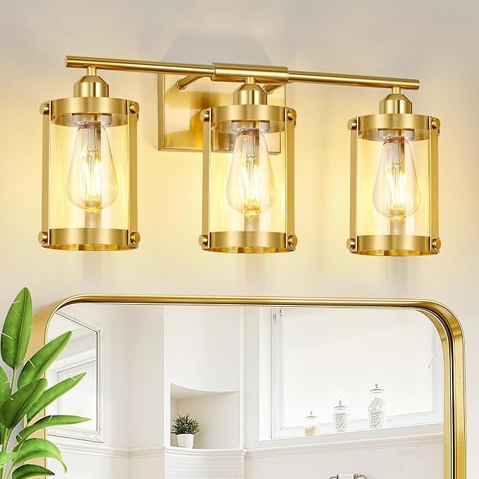 3-Light Brushed Gold Bathroom Light Fixtures, 21 Inch Modern Bathroom Vanity Lighting Fixtures Over Mirror with Clear Glass and Metal Cage Wall Sconce Lights for Bath, E26, OS-3014BG-3W