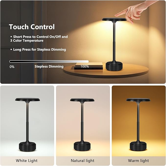 Rechargeable Cordless LED Table Lamps Touch Sensor Light, 3-Levels Portable Dimming Wireless Battery Operated Lamp，Nightstand Lamp/Night Light/Restaurant Table/Outdoor/Coffee/Bar (Black)