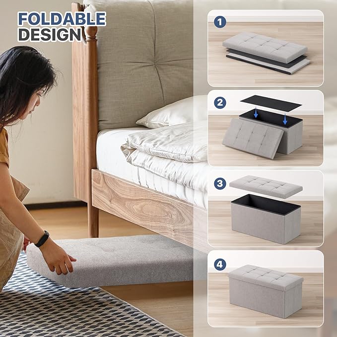 MoNiBloom 30 Inches Storage Ottoman Bench, Rectangle End of Bed Bench, Storage Padded Seat, Linen Fabric Ottoman Footrest for Living Room, Bedroom, Entryway, Sandy Beige