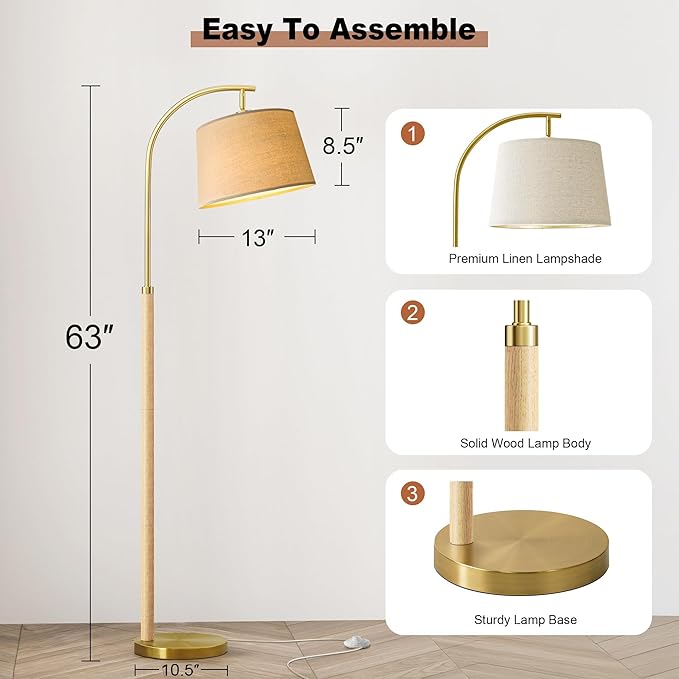 63" Wood Floor Lamps for Living Room with Foot Switch Arc Tall Standing Lamp for Bedroom Mid Century Modern Corner Gold Floor Lamps for Office Nursery Industrial Reading Lamp, Natural Wood