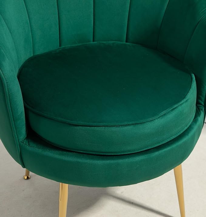 Velvet Barrel Accent Chair with Scalloped Silhouette and Gold Metal Legs, Decorative Piece Suitable for Traditional, Modern, and Contemporary Spaces, Green