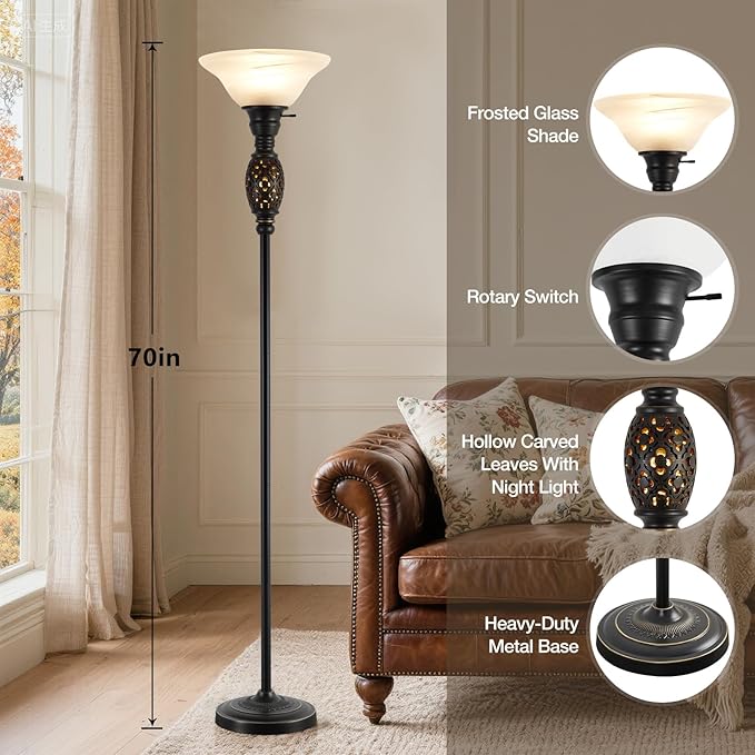 Luvkczc Vintage Floor Lamp with Nightlight, 70" Rustic Standing Lamp with Glass Shade, Victorian Style Tall Lamp Decor for Living Room Bedroom Study Home Office Corner (Bulb Included)