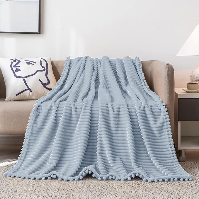 DISSA Fleece Blanket Queen Size – 90x90, Grey – Soft, Plush, Fluffy, Fuzzy, Warm, Cozy – Perfect Throw for Couch, Bed, Sofa - with Pompom Fringe - Flannel Blanket