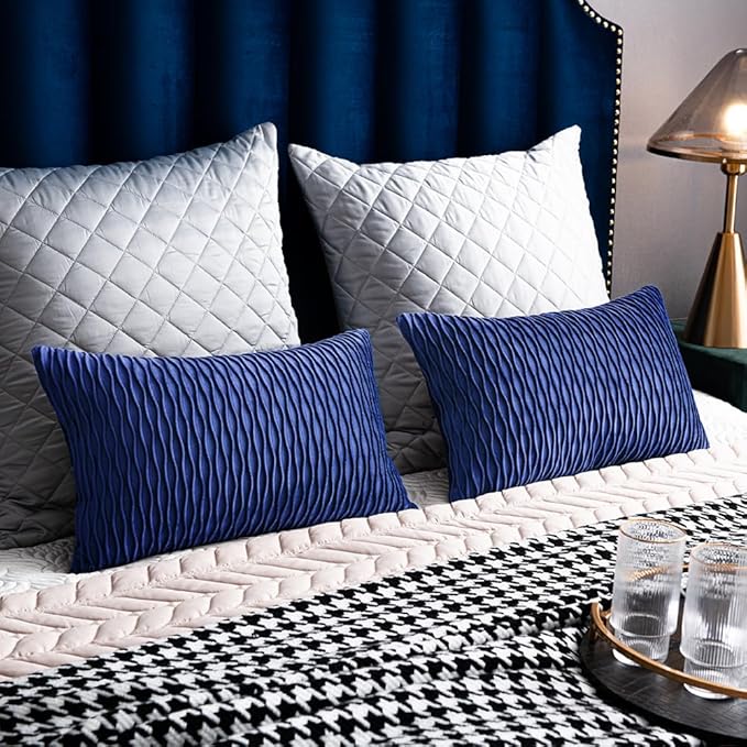 12x20 Blue Throw Pillow Covers: 2 Pack Original Striped Velvet Rectangular Decorative Pillow Cases for Farmhouse Couch