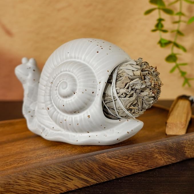 White Ceramic Snail Palo Santo Holder & Modern Chiminea Incense Burner - Elegant Cone Burner for Palo Santo Sticks & Sage - Perfect for Energy Cleansing, Yoga, Meditation, Zen Decor, Altar