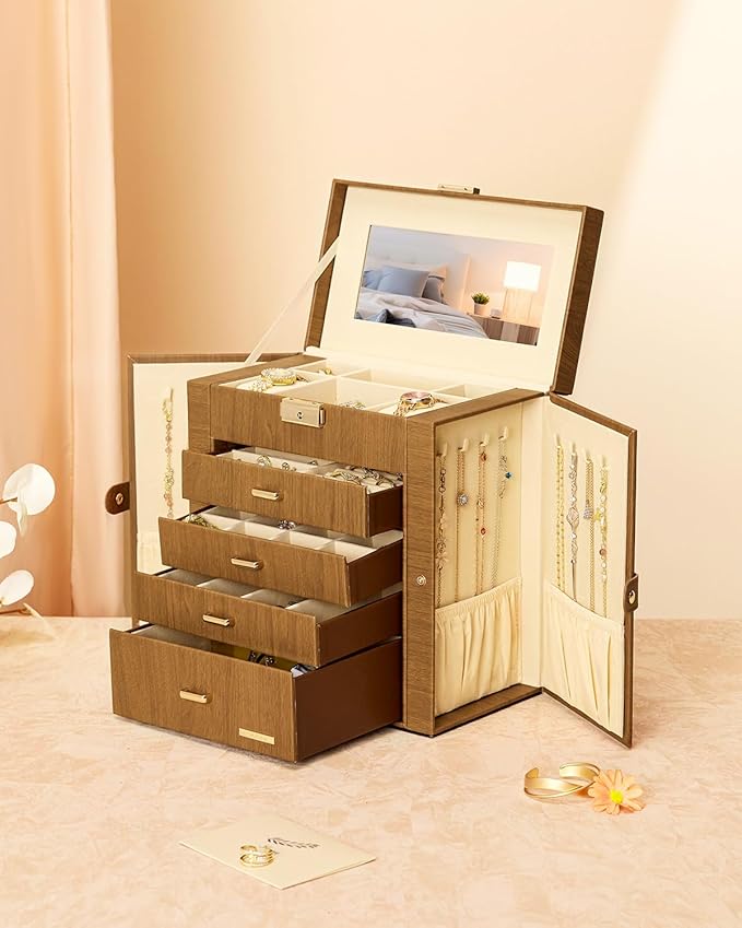 Homde Valentine's Day Gifts Synthetic Leather Huge Jewelry Box Mirrored Watch Organizer Necklace Ring Earring Storage Lockable Gift Case (Brown + Gold)