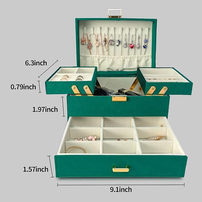 Dajasan Jewelry Organizer Box, Large Velvet Jewelry Boxes for Women Girls, Compact 3 Layers Jewelry Storage Case with Drawer, Movable Metal Stand, Modern, Gift Idea (Green)