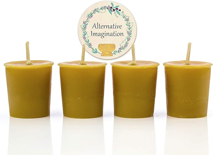 Alternative Imagination 100% Pure Natural Beeswax Votive Candles - 4 Pack - Hand-Poured - Unscented- Light Honey Aroma - 15 Hour Burn - Paraffin-Free, Long Lasting for Prayer, Meditation & Home Decor