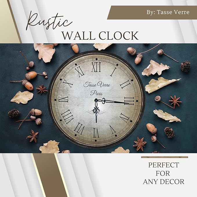 Tasse Verre 12 Inch Vintage Wall Clock - Farmhouse Decor Distressed White Washed Mechanical Quiet Silent - Retro Vintage Hanging Brown Non-Ticking Round