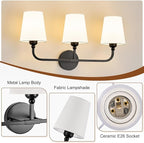 Kvhilw Bathroom Vanity Light, Matte Black Bathroom Light Fixtures, 3-Light Lighting Fixtures Over Miror, Modern Wall Sconce with Flared White Fabric Shade, E26 Socket(ETL Listed)