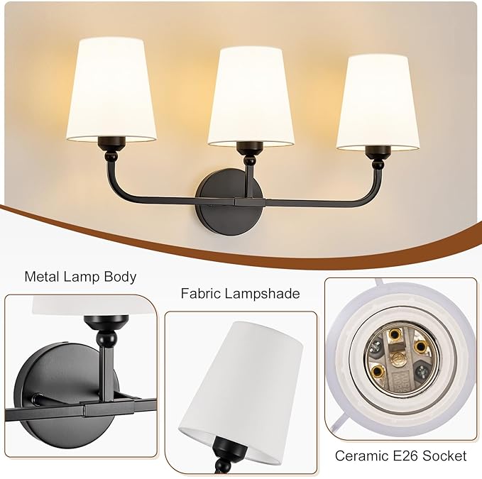 Kvhilw Bathroom Vanity Light, Matte Black Bathroom Light Fixtures, 3-Light Lighting Fixtures Over Miror, Modern Wall Sconce with Flared White Fabric Shade, E26 Socket(ETL Listed)