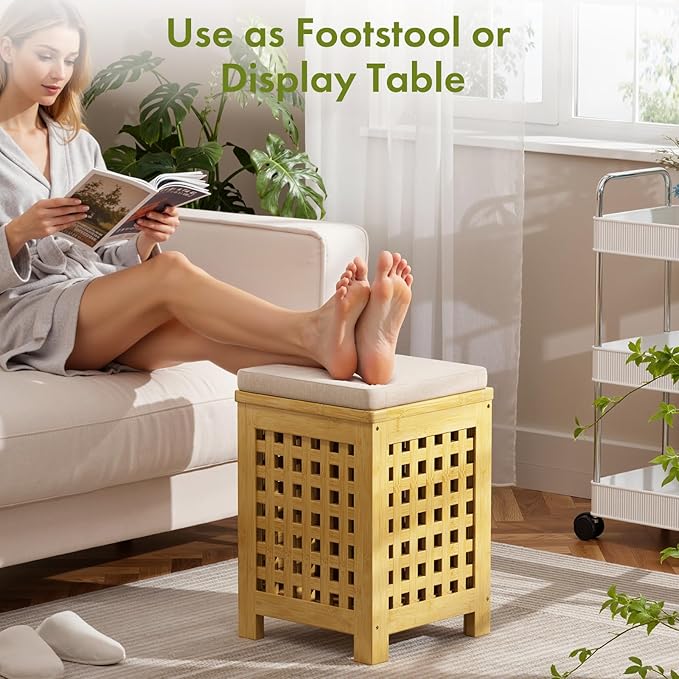 Bamboo End Table with Removable Cushion and Hidden Storage, 2-in-1 Ottoman Side Table with Breathable Grid Design for Small Space, Living Room, Bedroom, Balcony, Entryway