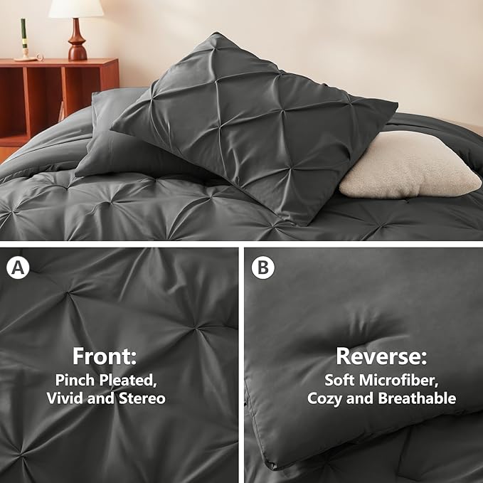 CozyLux California King Comforter Set Dark Grey - 7 Pieces Cal King Pintuck Bed in A Bag Gift for Family, Pinch Pleat Bedding Sets with All Season Comforter, Sheets, Pillowcases & Shams