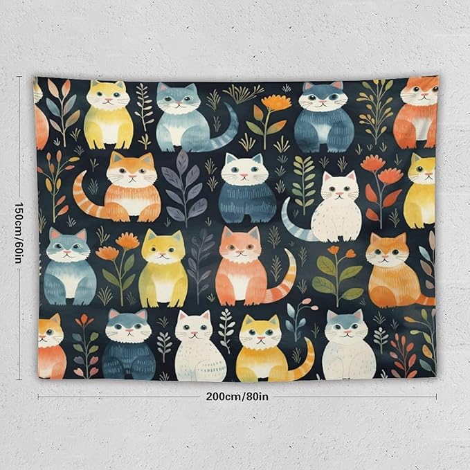 VUMIVI Cartoon Abstract Cat Tapestry Fun Cute Animals Plants Bohemian Modern Art Color Illustration Tapestry Wall Hanging for Living Room Bedroom Dorm Classroom Aesthetic Decor W80xL60in